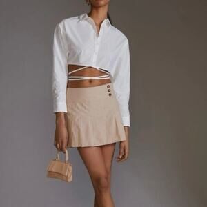 Anthropologie Khaki Tan Pleated Schoolgirl Mini Button Detail Y2K Skirt, Size 12